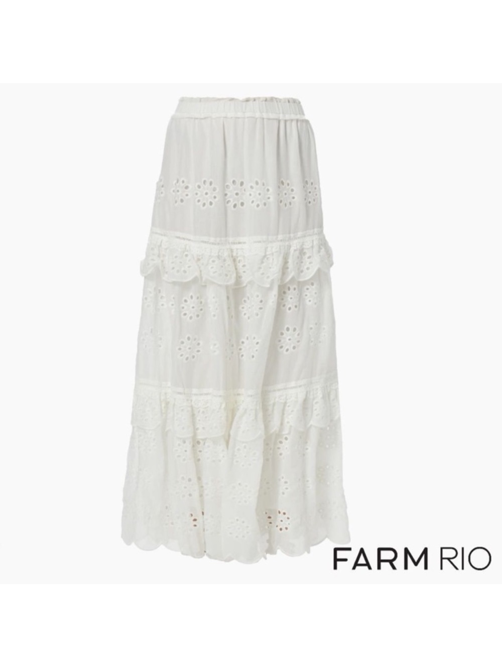 Farm Rio White Eyelet Tiered Cotton Maxi Skirt